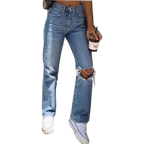 WEPBEL Womens Hole Bleached Ripped Jeans Autumn Fashion Casual Mid-Waist Button Straight Jeans