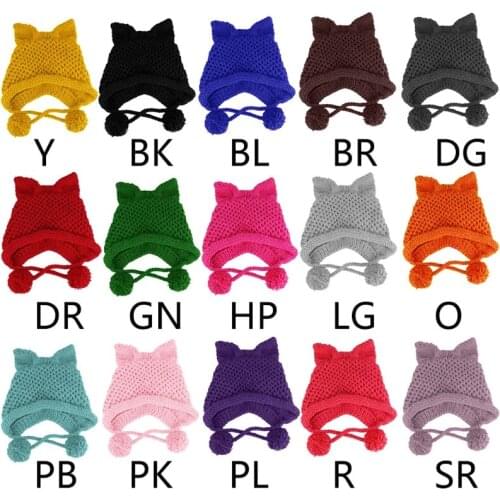 Women Winter Chunky Knit Beanie Hat Cute 3D Cat Ears Solid Color Windproof Warm Earflap Cap with Pompom Chin Strap