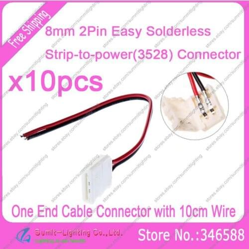 10PCS 8mm 2Pin Welding Free Strip-to-power Cable Connector Adaptor(One End) with 10cm Wire for 3528 Single Color LED Strips