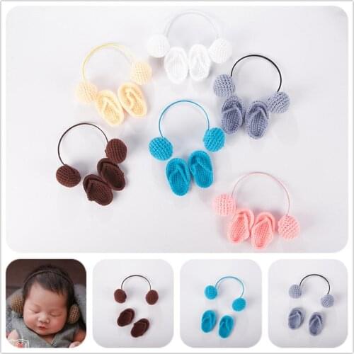 2 Pcs/set Newborn Photography Props Mini Slippers Headset Baby Photo Wool Woven Prop Accessories
