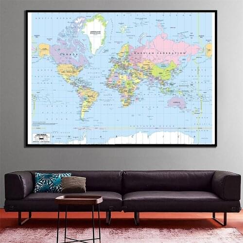24x36cm The World Mercator Projection Map Fine Canvas Spray Painting For Bedroom Wall Painting