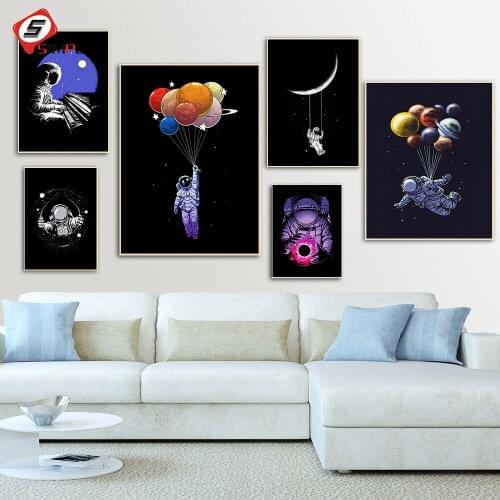 Astronaut Space Travel Painting Balloon Moon Surrealism Canvas Wall Pictures for Living Room Posters and Prints Home Decoration