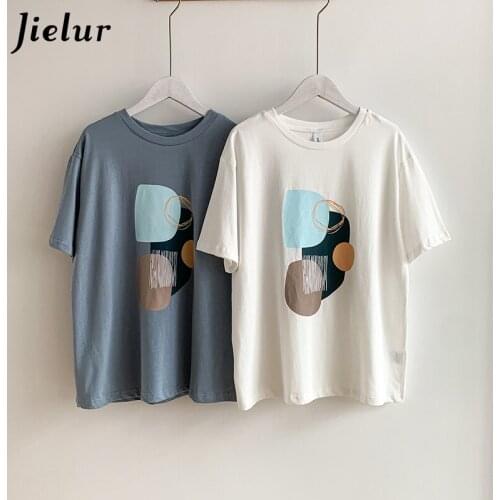 Jielur Fashion Womens T-shirt Line Abstract Printing 2021 Summer Top Tee Shirt Loose Short Sleeve T-shirts White Blue Harajuku
