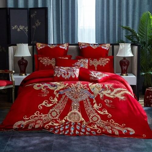Luxury Chinese Wedding Style 100% Cotton 4/6/9Pcs Bedding Set Classic Long Phoenix Embroidery Duvet Cover Bed Sheet Pillowcases