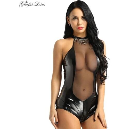 Latex Bodysuit Sheer Wetlook Lingerie Sexy Hot Erotic Women Sexy Babydoll Leather PVC Bodysuit Transparent Stripper Clothes New