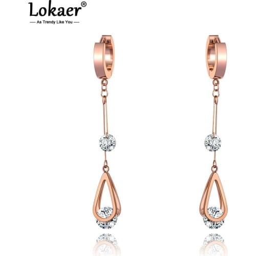 Lokaer Trendy Stainless Steel CZ Crystal Water Drop Tassel Earrings Jewelry Sparkling Rose Gold Hoop Earrings For Women E20010