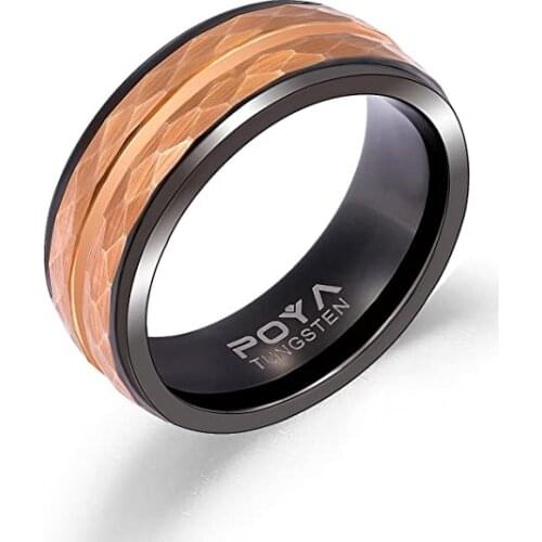 POYA TUNGSTEN Carbide Ring 8mm Mens Hammered Wedding Band Black Gold Two Tone Comfort Fit