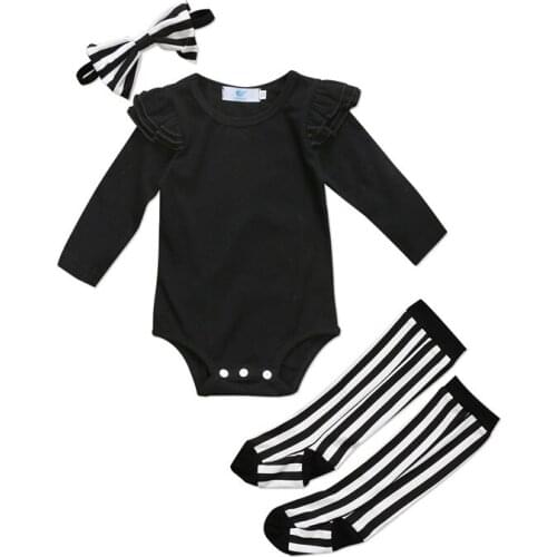 0-24M 3PCS Newborn Infant Toddler Baby Girls Clothes Romper Bodysuit + Striped Leggings Socks Headband Outfits Set Clothes