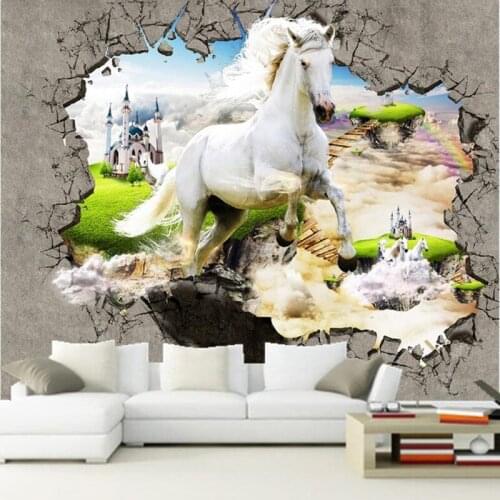 Custom 3 d mural, burst through the walls of the white horse papel de parede, living room children bedroom TV wall 3d wallpaper