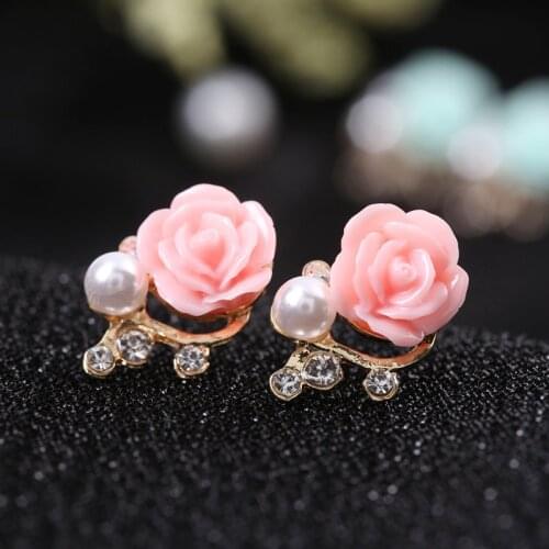 Romantic Rose Flower Pearl Gold Stud Earrings Exquisite Women Wedding Engagement Zircon Earrings Valentines Day Jewelry Gift