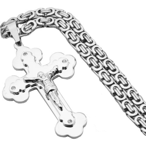 Granny Chic Silver Color Stainless Steel Jesus Christ AAA Crystal Cross Pendant Necklace 6mm Byzantine Link Chain For Men