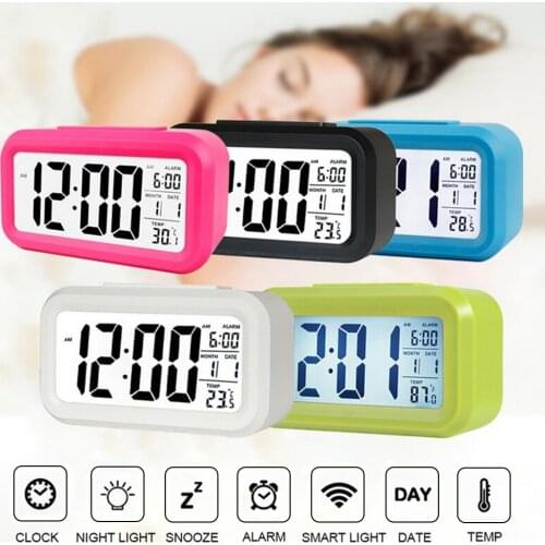 Smart Digital Alarm Clock with Date and Temperature Snooze Button on Top Battery Operated Rectangle Desk Clock with Night Light
