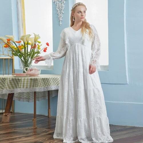 Evening Dress White V-Neck Floral Print A-Line Empire Full Sleeves Zipper Back Floor-Length Plus Size Women Formal Gowns D1048