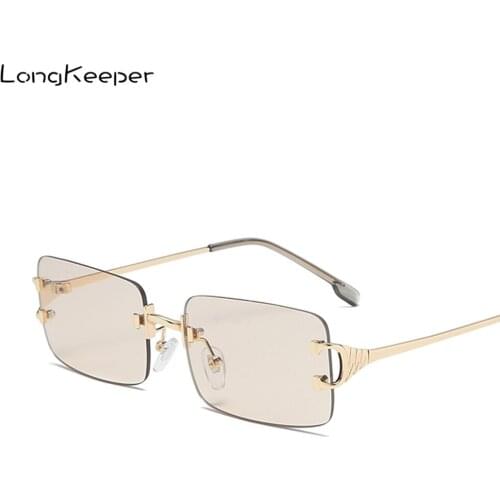 LongKeeper 2020 Fashion Rectangle Rimless Women Vintage Brand Design Ocean Lens Sun Glasses Retro Small Square Sunglass Oculos