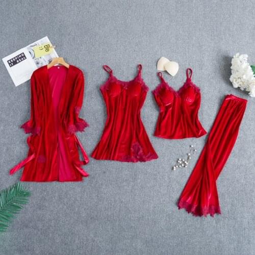 Womens Pajamas Set Fashion Velvet 4 Pieces Warm Winter Pajamas Sets Women Sexy Lace Robe Sleepwear Kit Sleeveless Nightwea