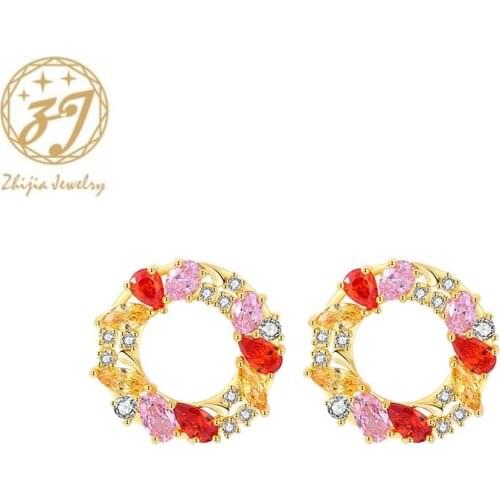 Zhijia luxury round colorful crystal rhinestone zircon stud earrings for female party jewelry dress accessories