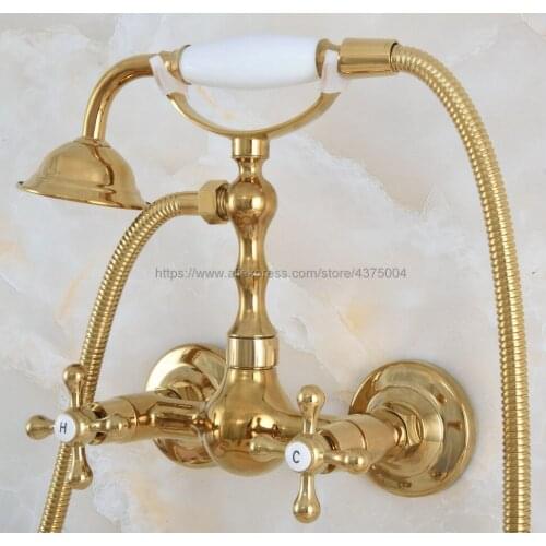 Gold Color Brass Shower Faucet Wall Mounted Double Handle Bathroom Shower Mixer Faucet with Hand Shower Nna832