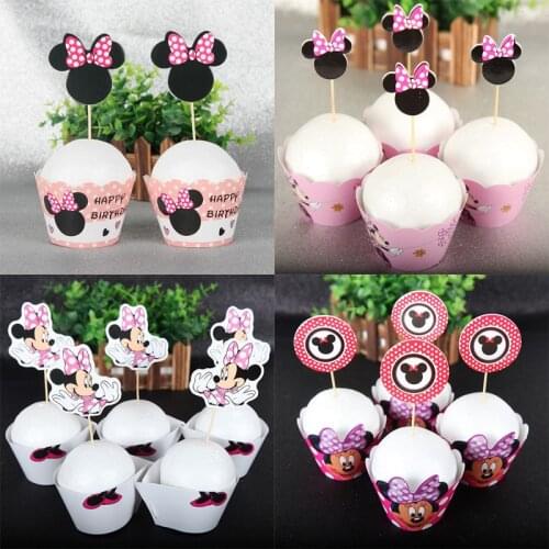24pcs/Lot Minnie Mouse Paper Cupcake Cake Toppers Wrappers Ice Cream happy birthday Adult favors Party Decoration Supplies