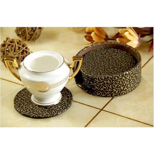 4" 6PCS/set round double-sides PU leather coffee tea cup pad cup mat coaster tableware gold+black 361A