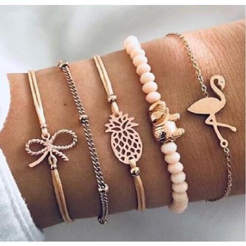 5pcs of pack faux crystal bangle bracelet for women with animal/fruit/bow design in mixed link chains female exquisite armbanden