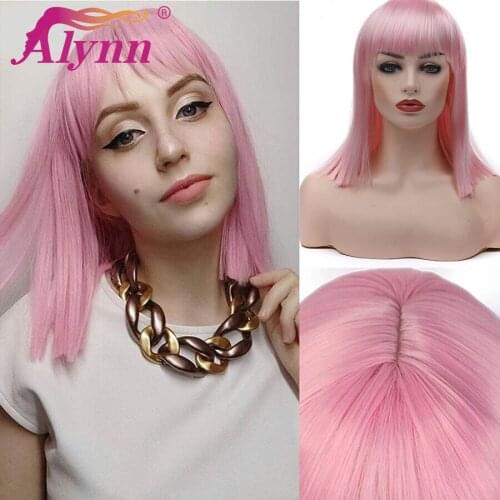 Alynn Pink Wig Short Straight Synthetic Hair With Bangs Colorful Shoulder Length Wigs For Women Daily Party Costume Cosplay Use