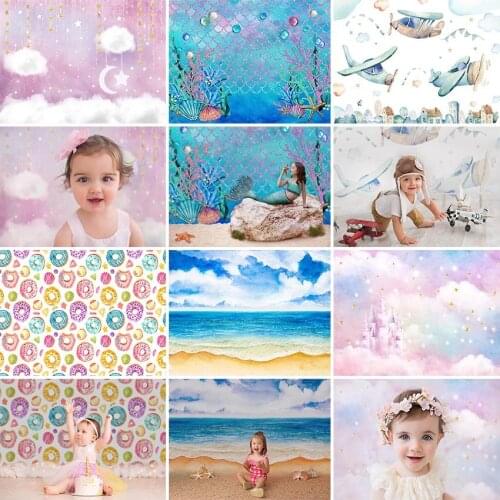 Avezano Birthday Backdrops For Photography Pink Sky Clouds Gold Star Summer Sea Mermaid Decor Photo Background Photozone Banner