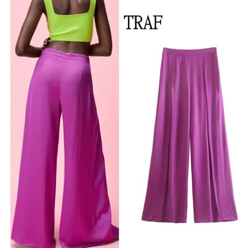 TRAF Women Pants 2021 Za Summer Oversize High Waisted Wide Leg Pants Female Satin Loose Y2K Streetwear Chic Flare Woman Trousers