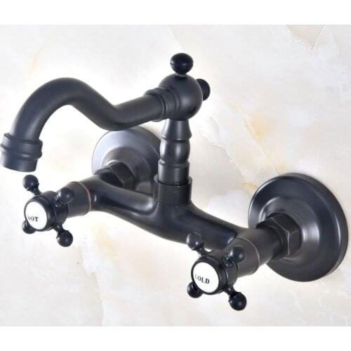 Black Oil Rubbed Antique Brass Bathroom Kitchen Sink Basin Faucet Mixer Tap Swivel Spout Wall Mounted Dual Cross Handles mnf458