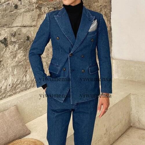 Formal Smoking Slim Fit Working Wear Denim Peacked Lapel Mens Suits 2 Piece Set Jacke+Pants Custom Made Groomsmen Blazer 2021