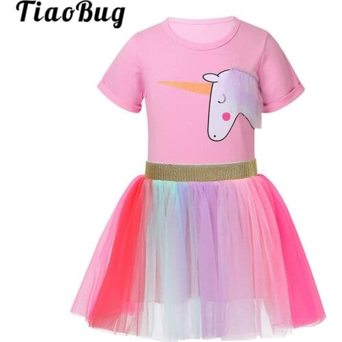 TiaoBug Kids Cartoon Horse Printed T-Shirt Tops with Rainbow Tulle Tutu Skirt Set Girls Halloween Cosplay Birthday Party Costume