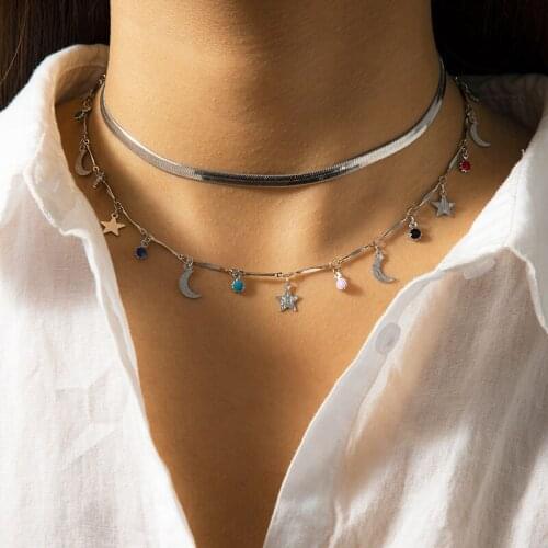 Ehtnic Bohemian Colorful Beads Star Moon Charms Choker Necklace for Women Double Layers Geometric Colar Chocker Jewelry Gift