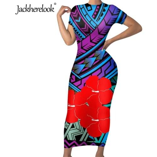 Jackherelook Polynesian Tribal Hibiscus Brand Design Summer Stretchy Pencil Dress for Ladies Sexy Bodycon Midi Dresses Vestidos