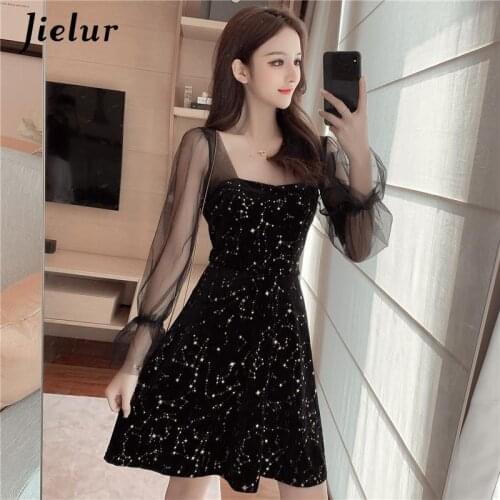 Jielur Sexy Dress Women Spring Autumn Long-sleeved Mesh Stitching Korea Dress Female Elegant Party Clubwear Chic Vestidos Mujer