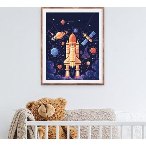 Space Theme Rocket Canvas Painting Kids Boys Room Decor , Galaxy Space Planet Stars Wall Art Print Nordic Poster Boys Gift