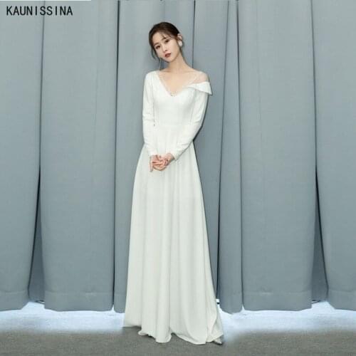 KAUNISSINA Simple Wedding Dress Boho Long Sleeves A Line White V-Neck Elegant Satin Bridal Dresses Custom Size Robe De Mariee