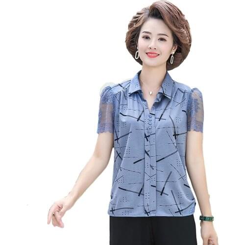 Lace Short Sleeve Mother Shirts Tops Summer Pullover Clothing XL-5XL Plus Size Middle Age Women Tee Shirt 2021 New