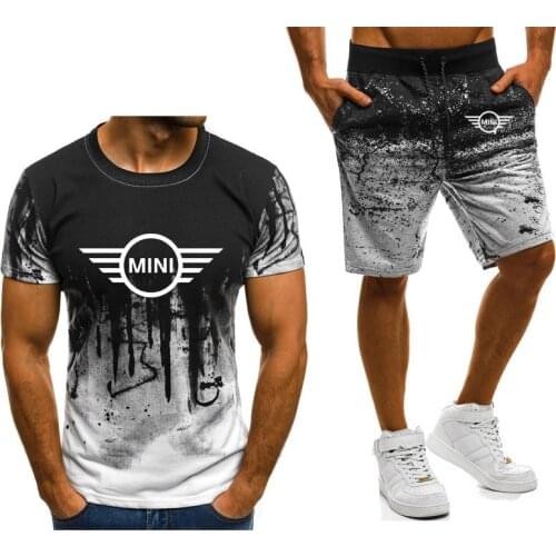 New 2021 Summer Mens short sleeve for MINI Logo printing Gradient High Quality Cotton Mens T-Shirt Pants Suit 2Pcs M