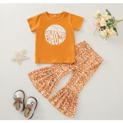 1-4 Years Girl’s T-shirt and Trousers Suit Fashion Letter Short Sleeve Tops and Printing Trumpet Long Pants