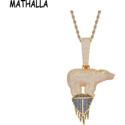 MATHALLA Bling Iced Out Glacier Polar Bear Pendant Necklace with Gold Silver Colors Cubic Zircon Hip-hop Jewelry For Gift