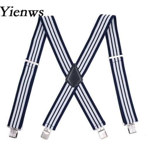 Yienws Navy White Striped Suspenders for Men Heavy Duty 5CM Widen Suspenders Man X-Sharp 4 Clip Pants Brace Strap 120CM YiA051