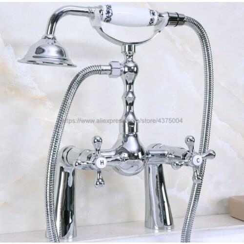 Polished Chrome Bathroom Shower Faucet Bath Faucet Double Cross Handles With Hand Shower Head Set Deck Mounted Nna130