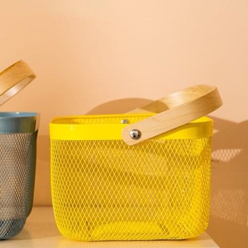 Portable Fruit Vegetable Drain Storage Basket with Wooden Handle Multifunction Mesh Drain Organizer Baskets Home Organizer 00