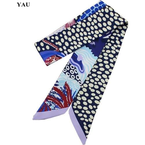 Twill Silk Scarf Small Dot Underwater Print Women Silk Scarf Head Scarf Brand Small Tie Handle Bag Ribbon Small Long Scarves