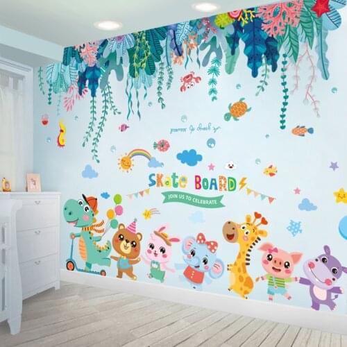 [SHIJUEHEZI] Cartoon Dinosaur Animals Wall Stickers DIY Seagrass Fish Wall Decals for Kids Room Baby Bedroom Home Decoration