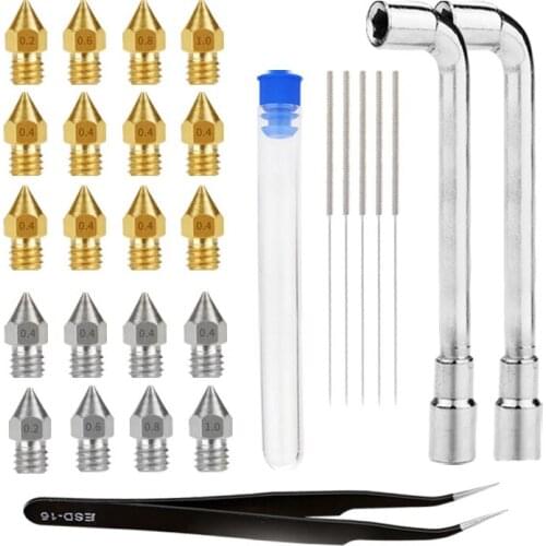 0.4mm MK8 Brass/Stainless Steel Nozzle + 10pcs Cleaning Needles + Pt. ESD-15 Tweezers + 2Pcs Wrench 3D Printer Parts