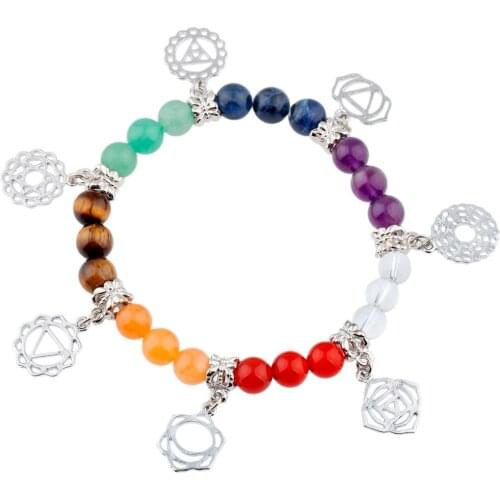 SUNYIK 1Lot (5Pc) 7 Chakra Healing Balance Energy Crystal Stone Beads Bracelet Yoga Meditation Jewelry 8mm
