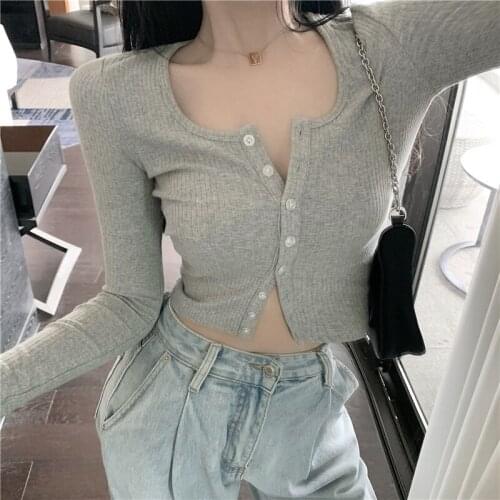 ZCSMLL Knitted cardigan womens tight-fitting bottoming shirt, white short top, autumn new slim long-sleeved inner sweater