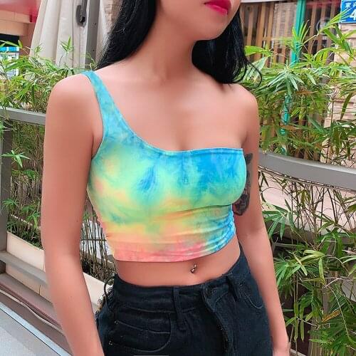 2020 New Women Tie Dying Camis One Shoulder Short Tank Top Sleeveless Summer Tank TOP