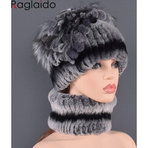 Natural Fur Hat Scarf Sets For Women Winter Hats Real Rabbit Fur And Fox Fur New Arrival Comfortable Warm Fur Lady Cap Scarves
