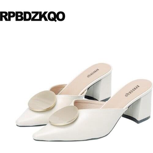 China 2019 chunky sandals ladies yellow shoes pumps high heels mules slipper beige women runway block pointed toe 3 inch thick